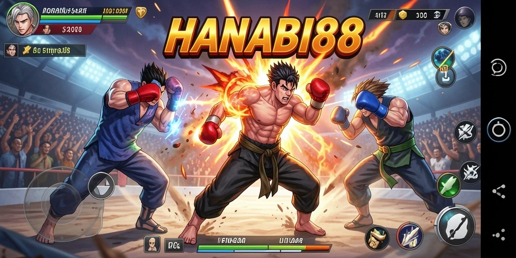 Screenshot gameplay HANABI88 menampilkan karakter bertarung dengan latar belakang yang menawan.