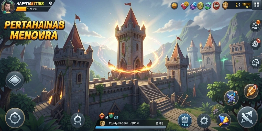 Tampilan gameplay menara pertahanan yang penuh aksi dan strategi.