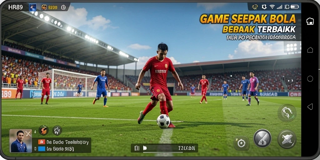 Screenshot utama HR89 menampilkan aksi seru pertandingan sepak bola.