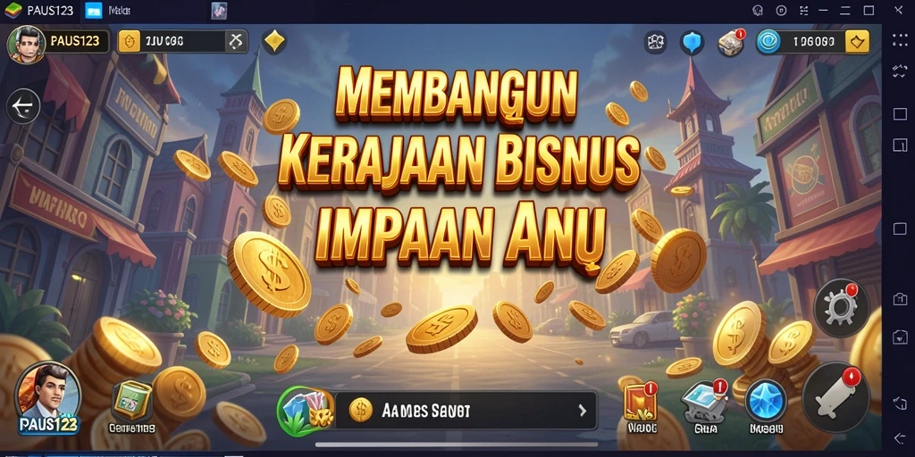 Screenshot utama PAUS123 menampilkan pemain membangun bisnis dengan grafis menarik.
