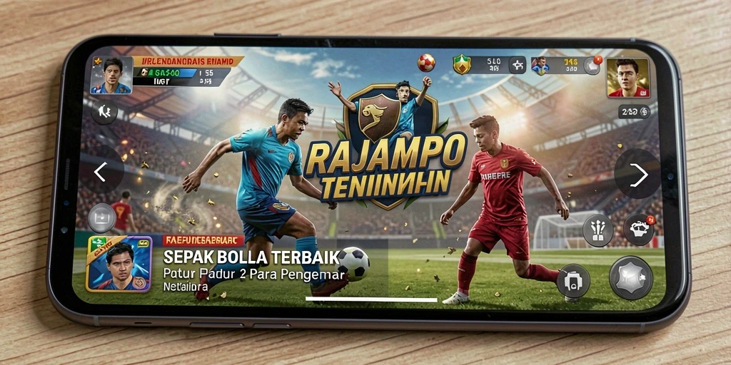 Tampilan gameplay seru dalam RAJAMPO dengan aksi sepak bola nyata.