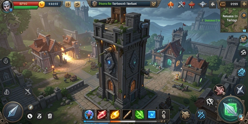 Tampilan gameplay <strong>RP99</strong> dengan menara pertahanan yang strategis.