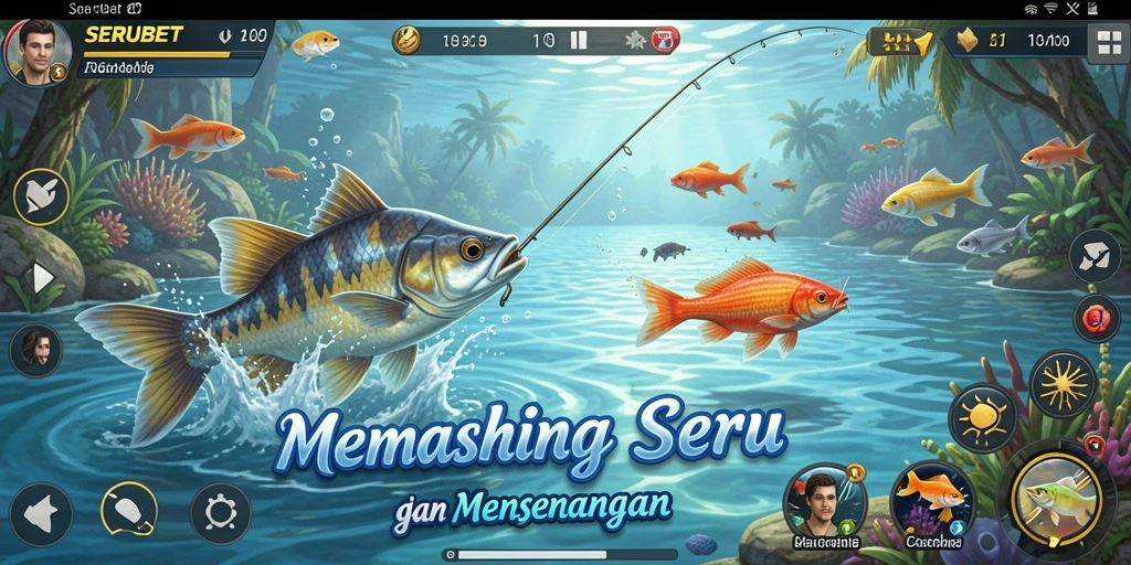 Screenshot gameplay SERUBET dengan aksi memancing yang seru.