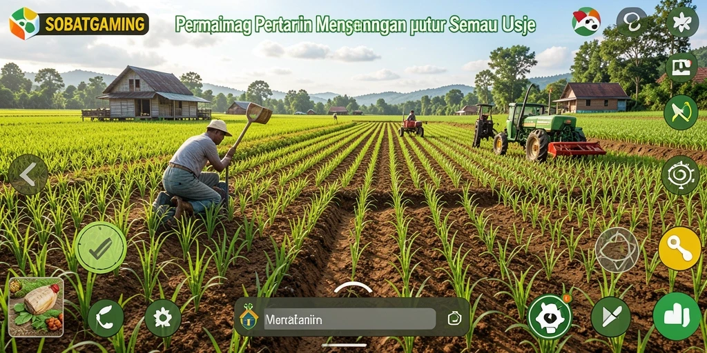 Tangkapan layar utama SOBATGAMING menampilkan aktivitas bertani yang seru.