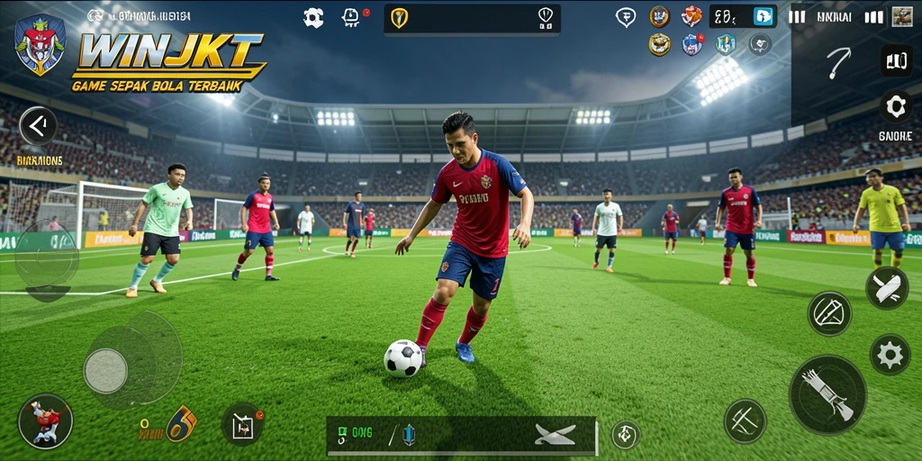 Screenshot gameplay WINJKT menunjukkan aksi sepak bola seru.